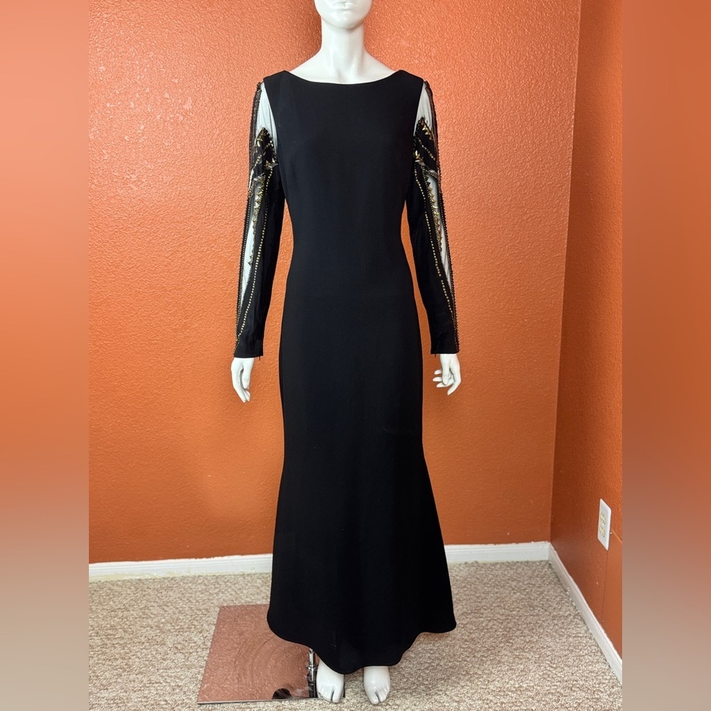 BADGLEY MISCHKA Vintage Elegant Black Evening Dress Gold Sequin Sleeves 10 G#28